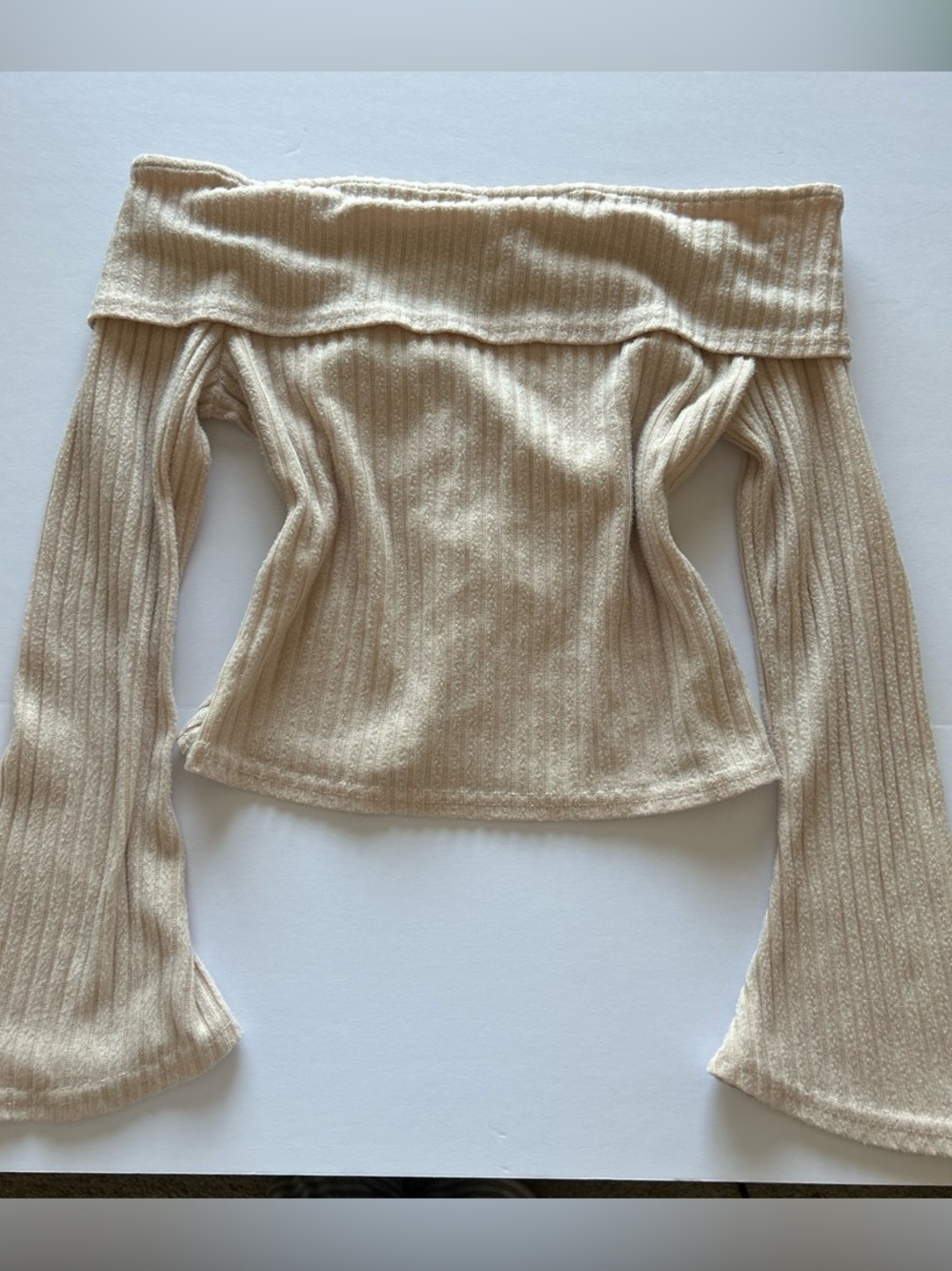 Off-Shoulder Ribbed Sweater Top - Cream